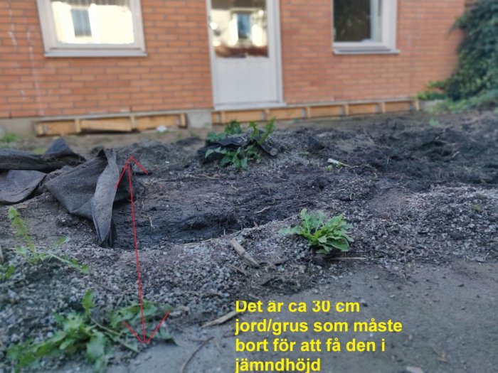 Trädgårdsområde med borttagen altan som exponerar blandad jord, sand, sten och en oregelbunden duk.