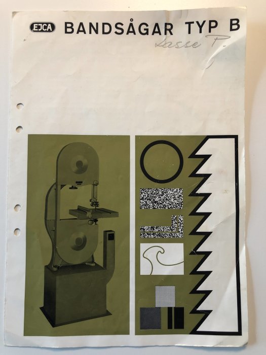 Förstasidan av en gammal manual för bandsågar typ B med en illustration av en bandsåg och olika sågblad.