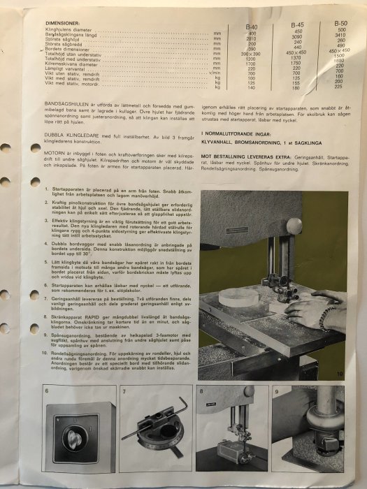 Sida ur manual med text och diagram som beskriver bandsågens dimensioner och bilder på sågens delar och användning.
