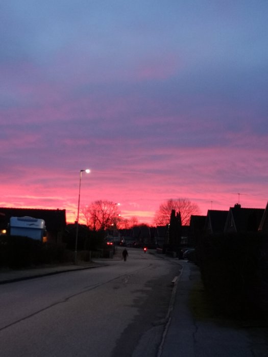 Morgontimme med rosaskimrande himmel över en lugn gata med hus och en person som går.