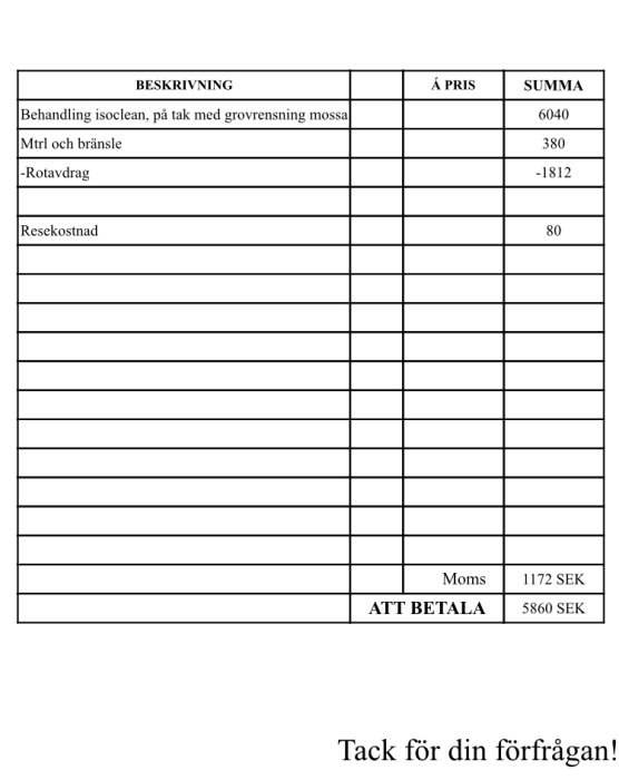 Offertbild med specifikationer och kostnader för byggjobb, totalt belopp 5860 SEK att betala.