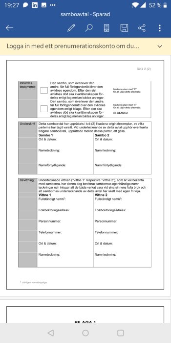 Skärmbild av ett dokument med samboavtal visas på en smartphone.