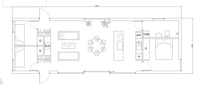 Ritning av en enplansvilla med planlösning som visar rummen och möblering, inklusive kök, vardagsrum och sovrum.
