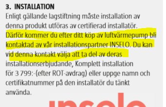 Skärmbild av text som beskriver installationsprocessen för en luftvärmepump genom installationspartner.