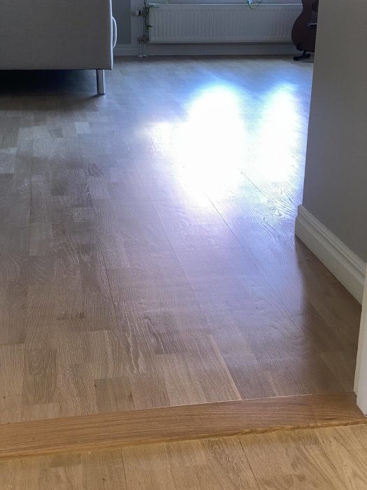 Trägolv med färgskiftningar och små springor synliga i solljus framför en dörröppning.