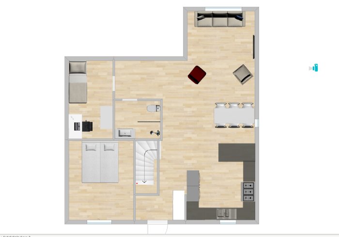 3D-ritning av en planlösning för ett hus med markerade väggar, möbler och köksutrustning.