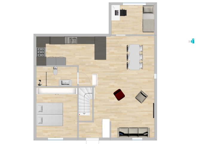 Ritning av en lägenhetsplan med kök, vardagsrum och sovrum, inredning i skala.