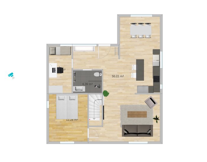 Ritning av en lägenhetsplan med tydlig markering av rummens storlek och möblering.