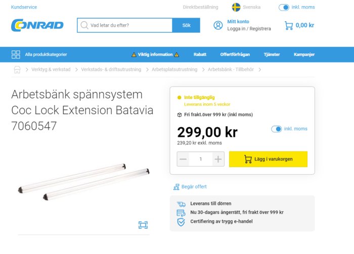 Skärmbild från Conrad med produktspännsystem Coc Lock Extension Batavia, pris och köpknapp synliga.