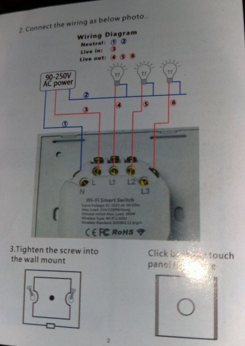 Kopplingsschema med Wi-Fi Smart Switch och anslutning till tre glödlampor, installationsinstruktioner och varningsikoner.