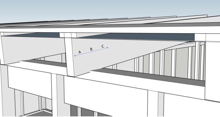 3D-ritning av en hussektion med ett låglutande tak och markerade punkter A, B och C för isoleringsalternativ.