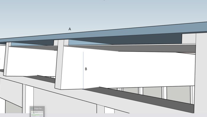 3D-ritning av förrådsbyggnad med låglutande tak, markerade isoleringsalternativ A och B.