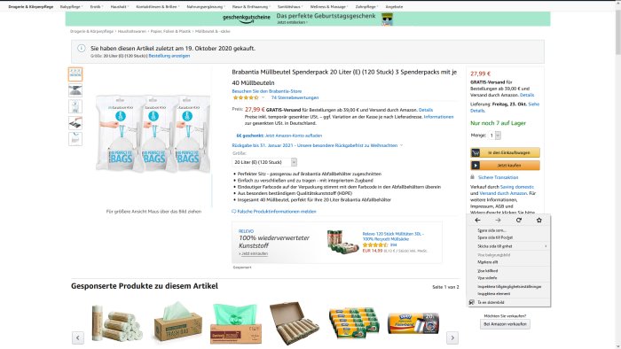 Skärmdump av Brabantia soppåsar på Amazon med beskrivning och pris, samt relaterade produkter visas nedan.