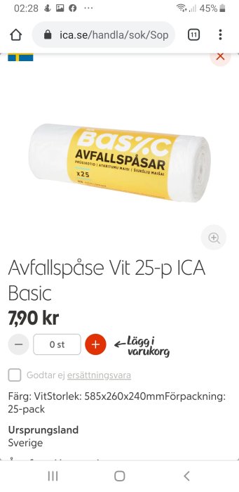 Rulle med vita ICA Basic avfallspåsar, 25-pack på mobilskärm med pris och köpknapp.