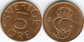 Två svenska 5-öringsmynt från 1978, framsida och baksida, isolerade på vit bakgrund.