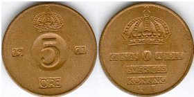 Framsida och baksida av en svensk 5-öresmynt från 1972.