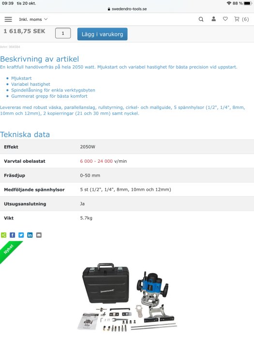 Handöverfräs med tillbehör och väska från Swedendro med 2050W effekt och varvtalsreglering samt 5 spännhylsor.