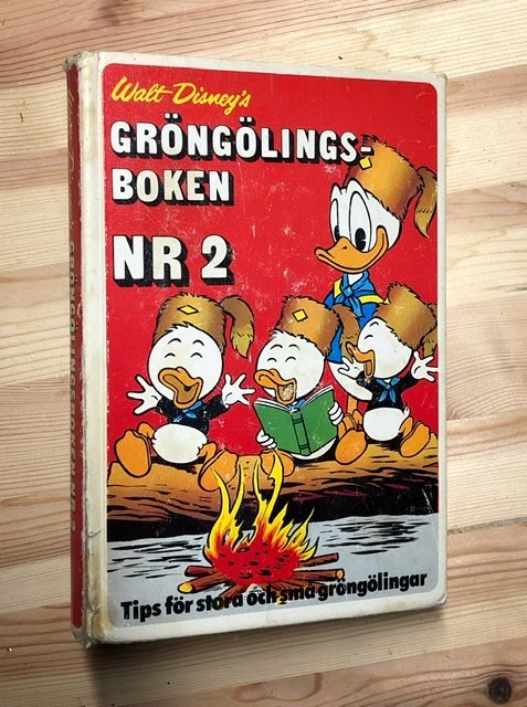 Omslag på "Gröngölingsboken nr 2" av Walt Disney med Ankliv och tre småankor runt en lägereld.