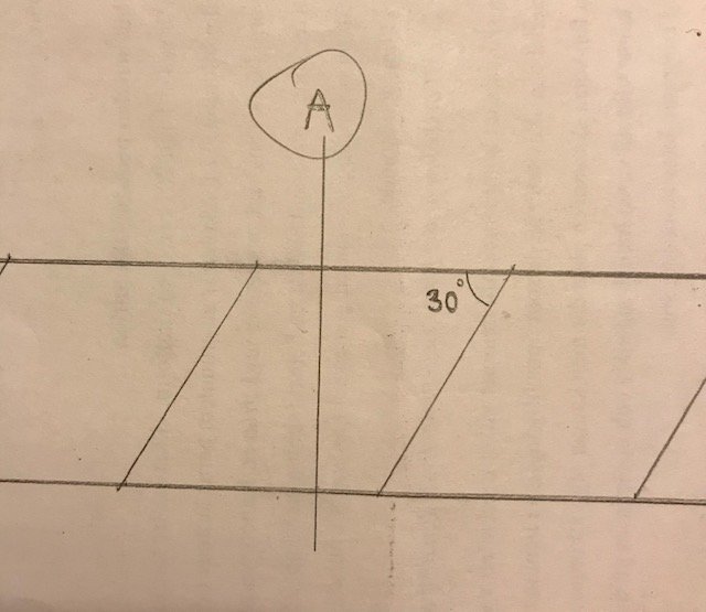 Handritad skiss som visar masonitremsa och en 30 graders vinkel för tillverkning av rombformade bitar.