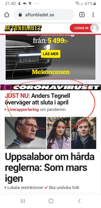 Skärmbild av en artikel på Aftonbladet med titeln "JUST NU: Anders Tegnell överväger att sluta i april".