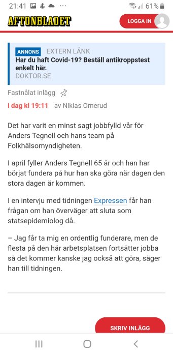 Skärmdump av en diskussionstråd från ett forum om Anders Tegnells arbetsframtid.