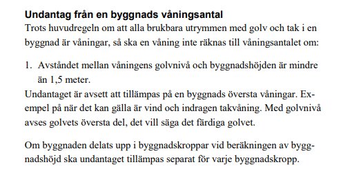 Dokument med text om undantag från en byggnads våningstal enligt Boverkets bestämmelser.