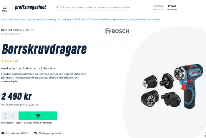 Bosch borrskruvdragare med pris och beskrivning på Proffsmagasinets webbsida, inkluderar adaptrar.