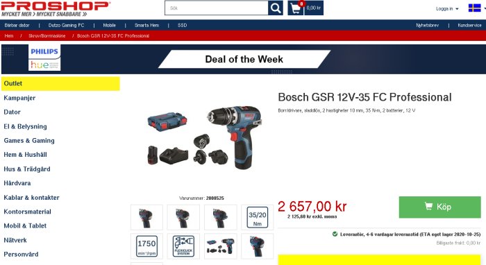 Erbjudande på Bosch GSR 12V-35 FC Professional borrmaskin för 2657 kronor på Proshop webbplats.