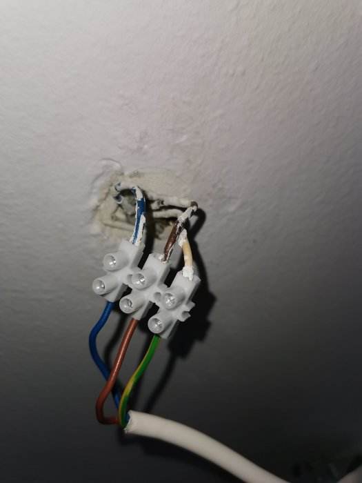Elkablar med anslutna klämkontakter i en eldosa med synliga färgade ledningar mot en vit vägg.
