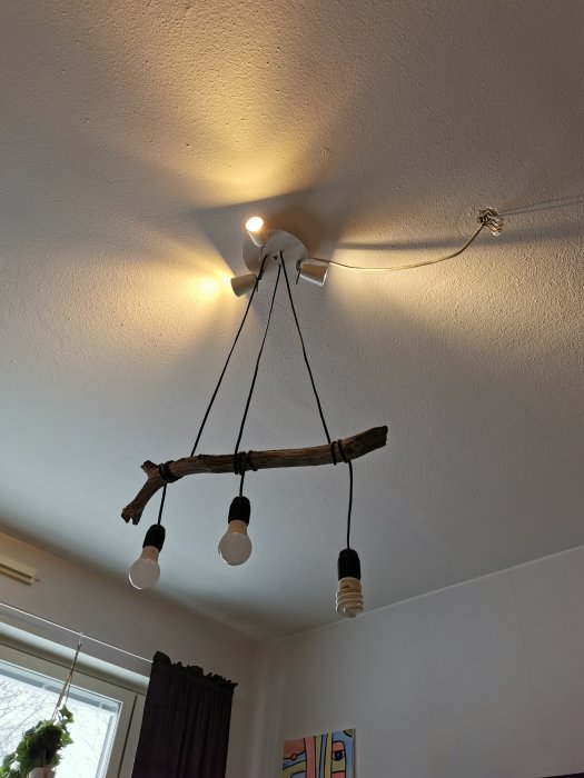 Rustik taklampa med gren och fyra glödlampor, varav två är tända, i ett vardagsrum.