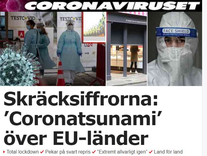 Illustration av coronaviruset, vårdpersonal i skyddsutrustning och text om 'Coronatsunami' över EU-länder.