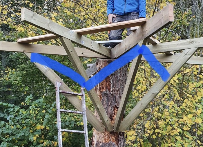 Installation av diagonala tvärslår på en träkonstruktion, med en person som arbetar ovanpå, omgiven av lövträd.