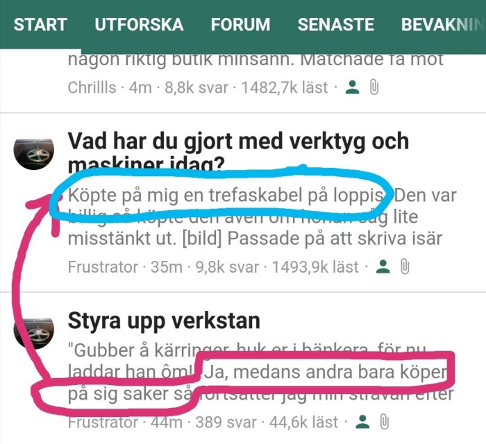 Skärmdump från diskussionsforum visar användarkommentarer och markerade inlägg om verktygsköp.