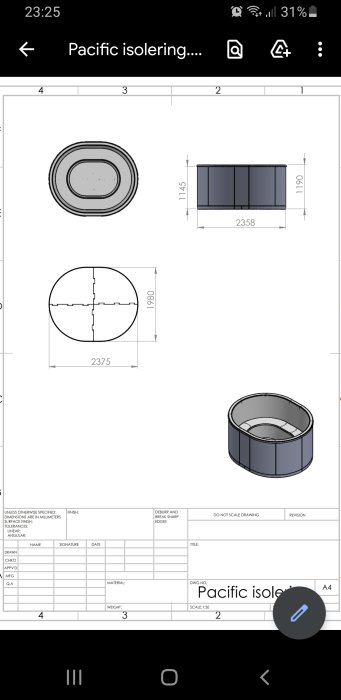 Teknisk ritning av isolerblock med mått 2375x1980 mm för förberedelse av gjutning av en betongplatta.