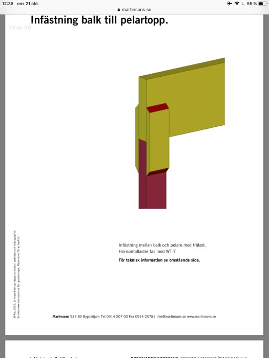 Illustration av infästning av balk till pelartopp med snedkapade brädbitar för stabilitet.