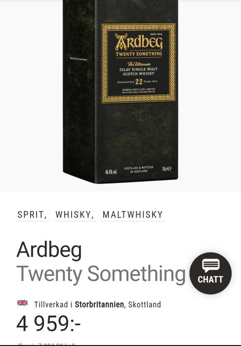 Ardbeg Twenty Something 22-årig single malt Scotch whisky i förpackning.