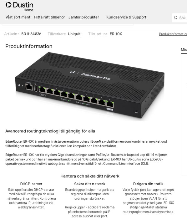 Ubiquiti EdgeRouter X med 5 Ethernet-portar och PoE-stöd utan WiFi, lämplig för avancerad nätverkshantering.