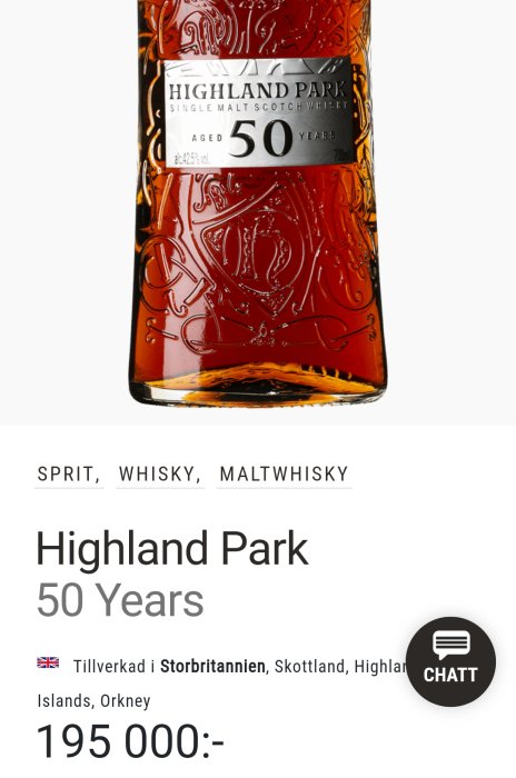 Flaska Highland Park 50 år gammal single malt skotsk whisky, pris 195 000 SEK.