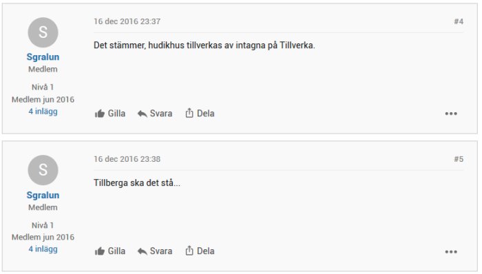 Skärmdump från ett forum där medlemmen Sgralun skriver två inlägg om tillverkning av hushållsnära objekt.