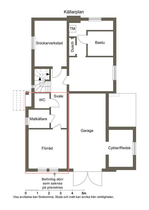 Planskiss över källarplan med markerade delar för ombyggnation till uthyrningsdel med kök och bad.