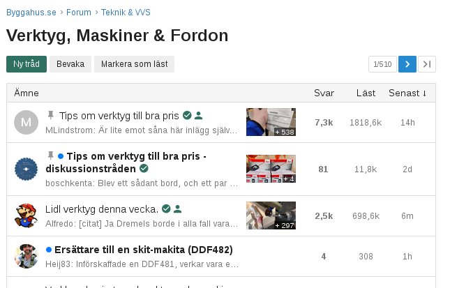 Skärmdump av forumet 'Verktyg, Maskiner & Fordon' med trådar om verktygstips och produktdiskussioner.