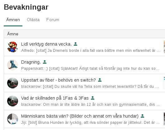 Skärmdump av diskussionsforum med trådar om verktyg, dragning, fiberinstallation och husdjur.