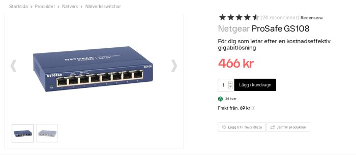 Blå Netgear ProSafe GS108 switch med åtta portar, plåtchassi och rangerade 5 stjärnor av användare, prissatt till 466 kronor.