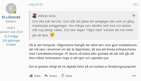 Skärmdump av en diskussion i ett forum om byggprojekt med inlägg om vikten av dokumentation vid installation.