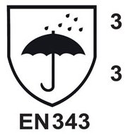 Symbol för EN 343-standard med paraply, regndroppar och siffrorna 3/3.