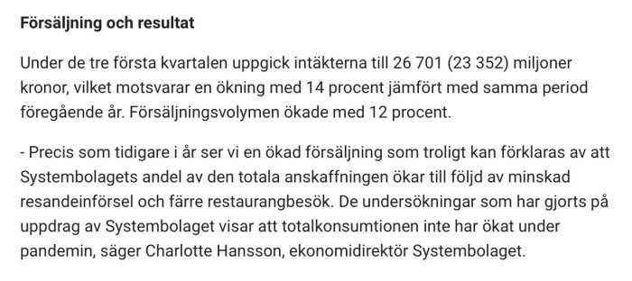 Skärmdump av rapport om ökad alkoholförsäljning hos Systembolaget under pandemin.