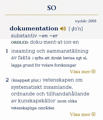 Skärmbild av ordboksdefinition av ordet "dokumentation" med förklaringar och exempel.