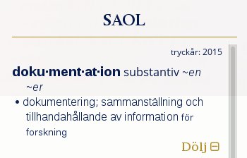 Skärmbild av SAOL-definitionen av ordet "dokumentation".