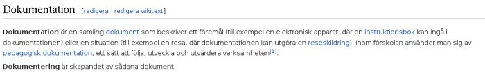 Skärmdump av en text som definierar begreppet dokumentation inom olika sammanhang.