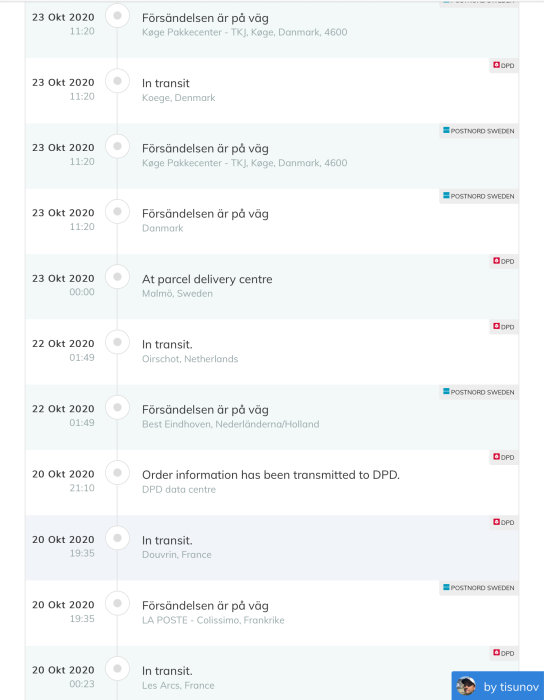 Skärmdump av paketspårningsloggar som visar ett pakets ologiska resa via flera länder.